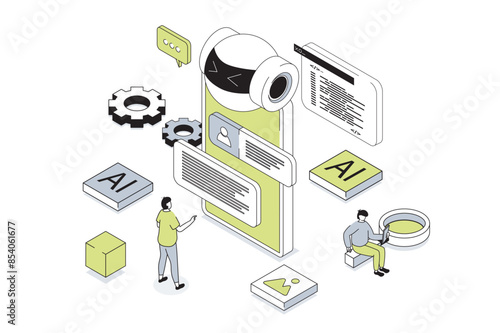 Artificial intelligence 3d isometric concept in outline isometry design for web. People working and programming ai robots, creating chatbot, machine learning and cyber automation. Vector illustration.