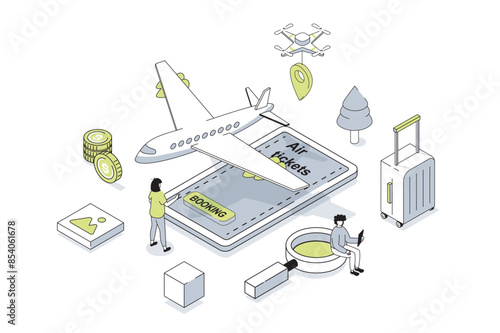 Booking flight 3d isometric concept in outline isometry design for web. People choosing travel destination, buying tickets to plane with luggage, boarding registration in app. Vector illustration.