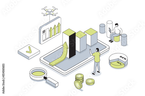 Business strategy 3d isometric concept in outline isometry design for web. People analyzing financial data, planning work tasks, achieving goals, developing success company. Vector illustration.