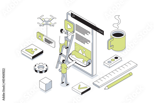 Web design 3d isometric concept in outline isometry design for web. People creating pages layouts, placing content blocks, programming and coding homepages for mobile phone. Vector illustration.