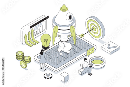 Startup business 3d isometric concept in outline isometry design for web. People creating new project, planning work, attracting investment, realising entrepreneur ambitions. Vector illustration.
