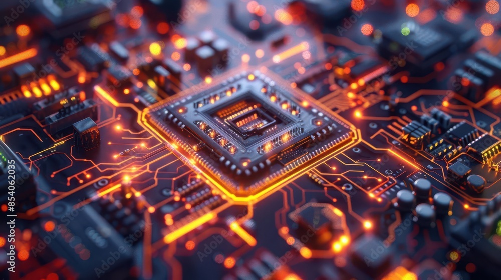 Fototapeta premium Quantum computing industrial application with sleek servers and complex circuits