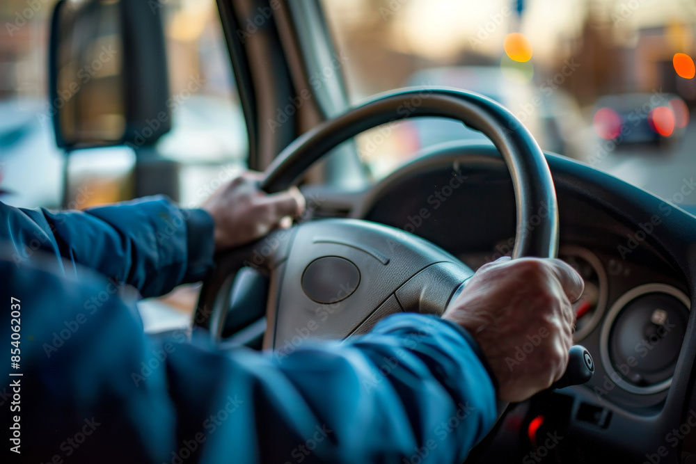 Close-up of a driver's hands on the steering wheel of a car, captured during a drive through city streets at dusk.