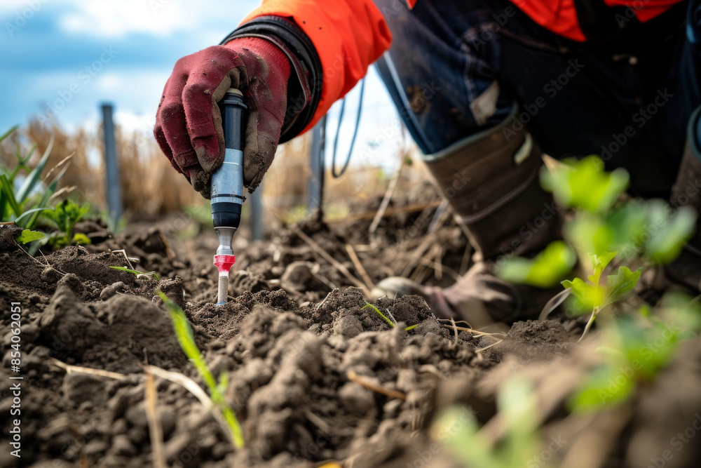 Fototapeta premium Scientist collecting soil sample in field for analysis. Agricultural research and environmental science concept.