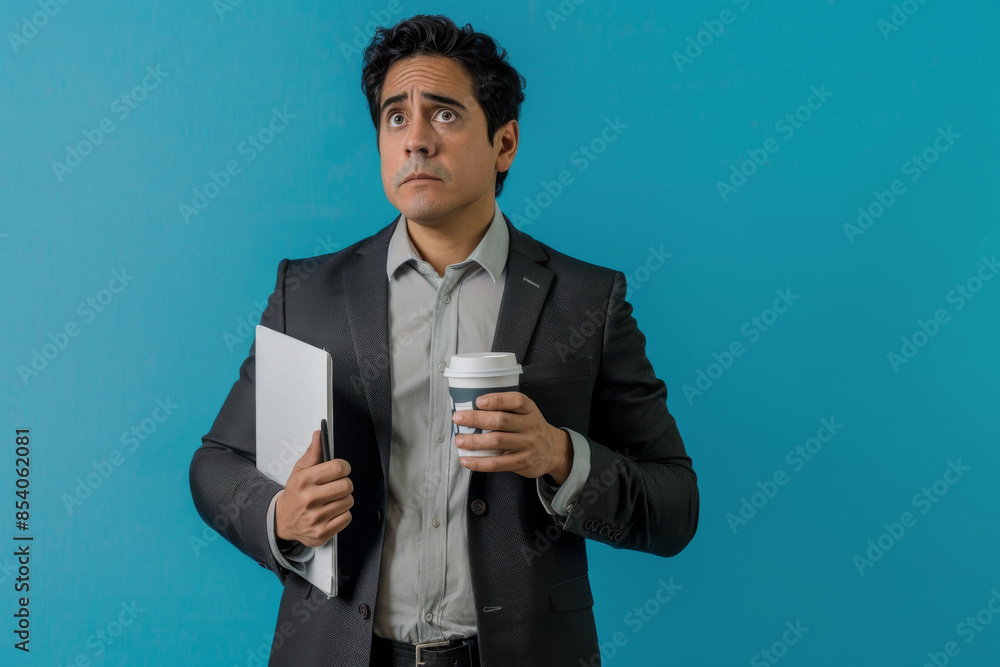 a Thoughtful Hispanic Businessman: A businessman looking thoughtful while holding a notebook, with a pen, laptop, coffee cup, and briefcase on a blue studio background. He is dressed in professional a Thoughtful Hispanic Businessman: A businessman looking thoughtful while holding a notebook, with a pen, laptop, coffee cup, and briefcase on a blue studio background. He is dressed in professional
