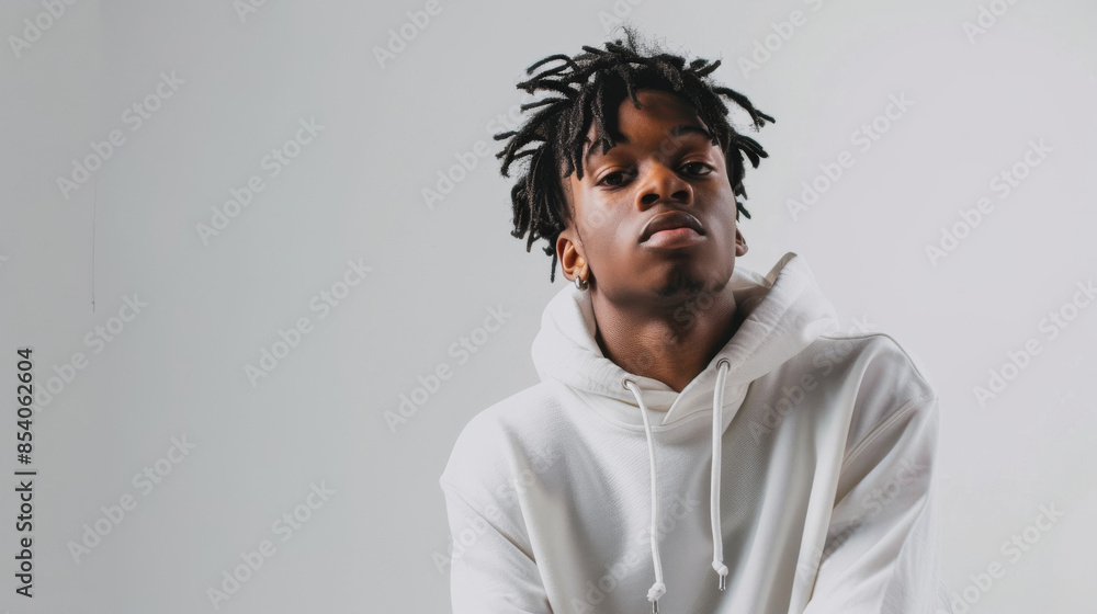 Obraz premium an African American teenager in trendy white streetwear, posing confidently on a white studio background