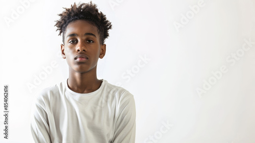 an African American teenager in white casual wear, looking anxious with hands in pockets on a white studio background photo