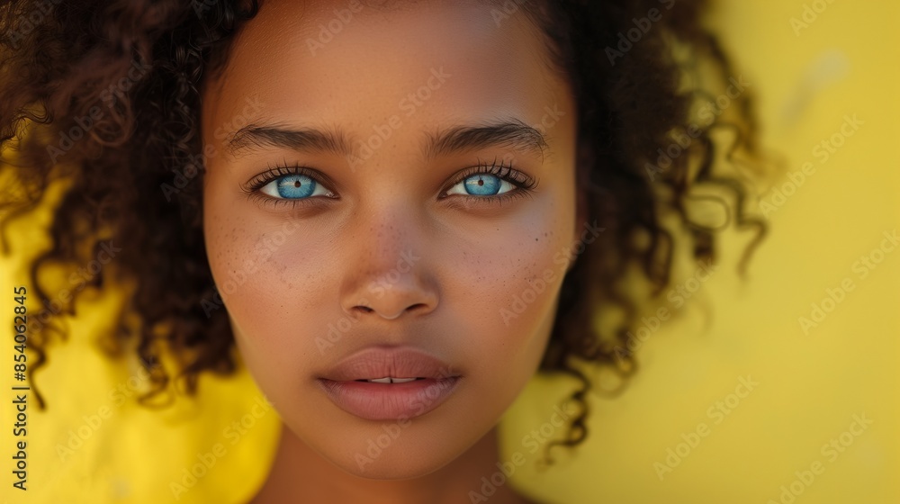 Beautiful dark-skinned woman with blue eyes on yellow wall background. Curly-haired young girl. Beautiful dark-skinned woman with blue eyes on yellow wall background. Curly-haired young girl.