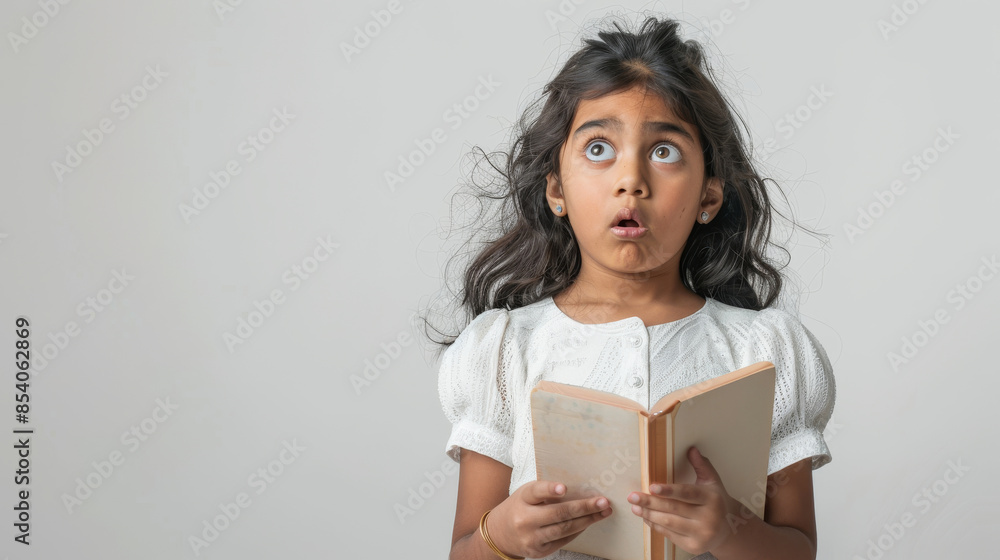 an Indian girl in a white dress, looking curious while holding a book on a white studio background an Indian girl in a white dress, looking curious while holding a book on a white studio background
