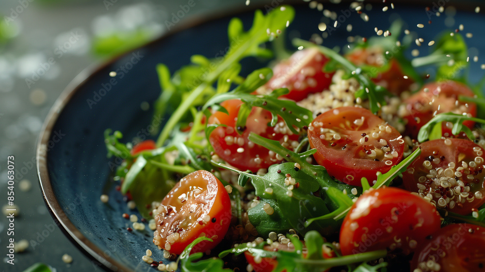 Closeup of Fresh Arugula and Tomato Salad with Quinoa Sprinkles Closeup of Fresh Arugula and Tomato Salad with Quinoa Sprinkles