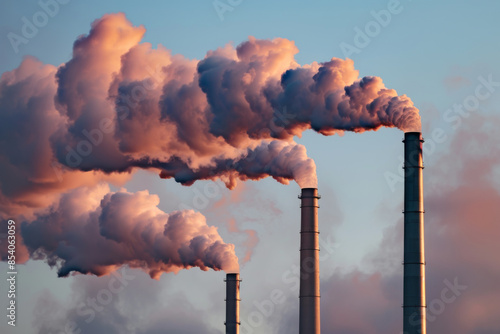 Industrial factory chimneys releasing smoke into the air, highlighting environmental pollution and climate change issues at sunset. photo