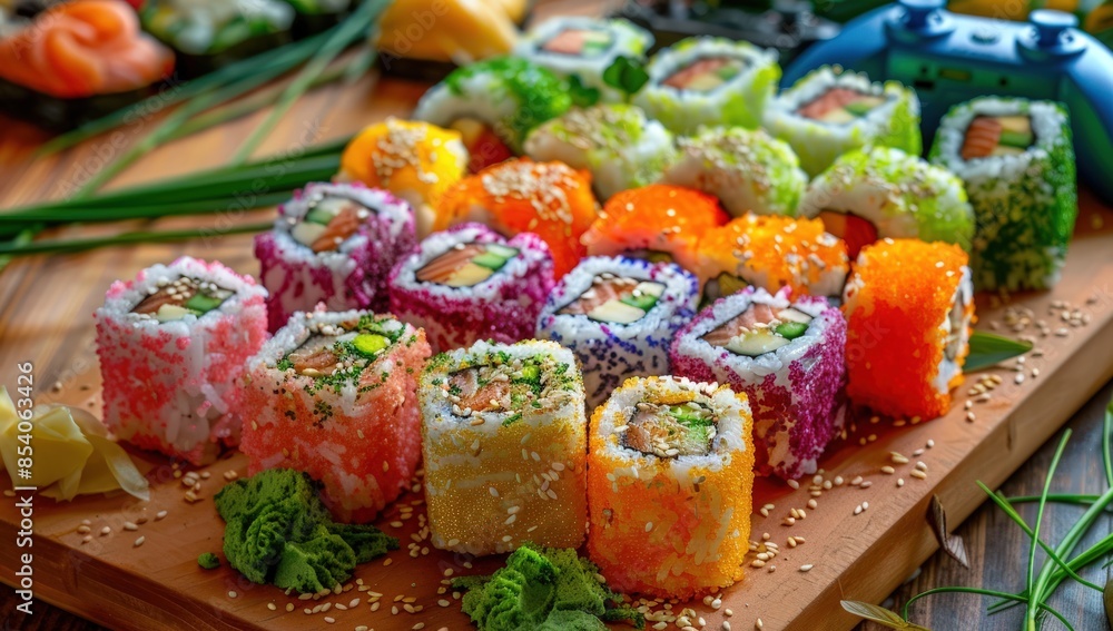 A plate of sushi with a variety of colors and flavors. Generate AI image A plate of sushi with a variety of colors and flavors. Generate AI image