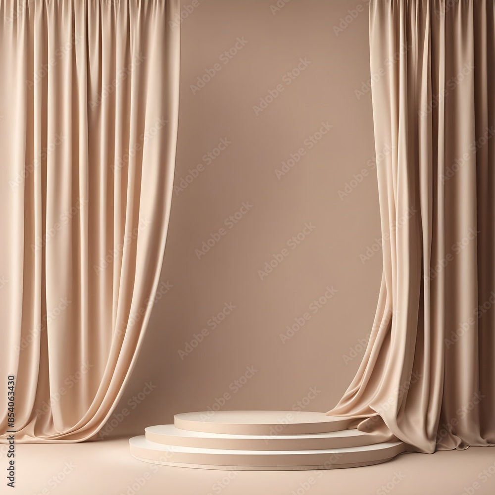 Beige pedestal with nude silk curtain; luxury 3D mockup for feminine beauty product presentation. Beige pedestal with nude silk curtain; luxury 3D mockup for feminine beauty product presentation.