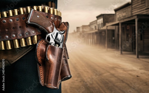 Close-up of a Wild West gun attached to a belt with bullet loops filled with bullets. photo