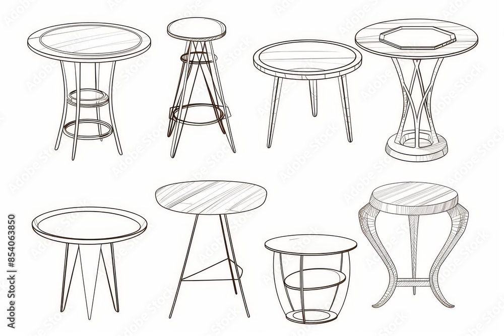 Tables sketched set, different line drawing desks, square and round tables, furniture doodles Tables sketched set, different line drawing desks, square and round tables, furniture doodles