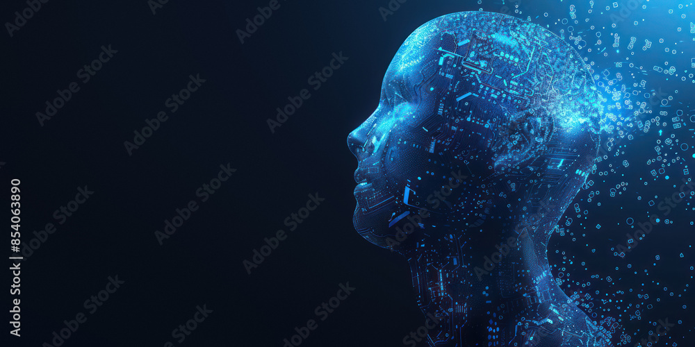 Side view of a digital human head with light effects Side view of a digital human head with light effects