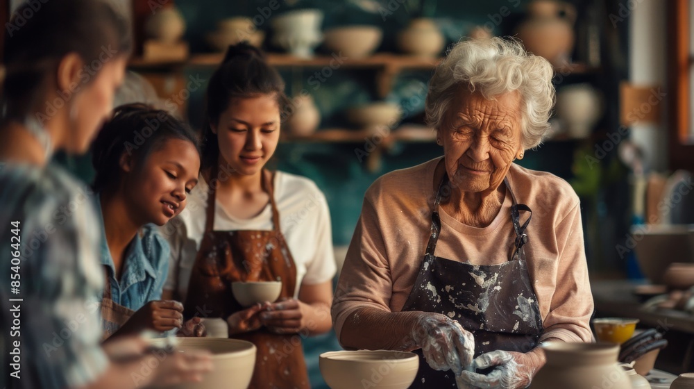 Elderly woman teaching a pottery class to a diverse group of young adults Elderly woman teaching a pottery class to a diverse group of young adults
