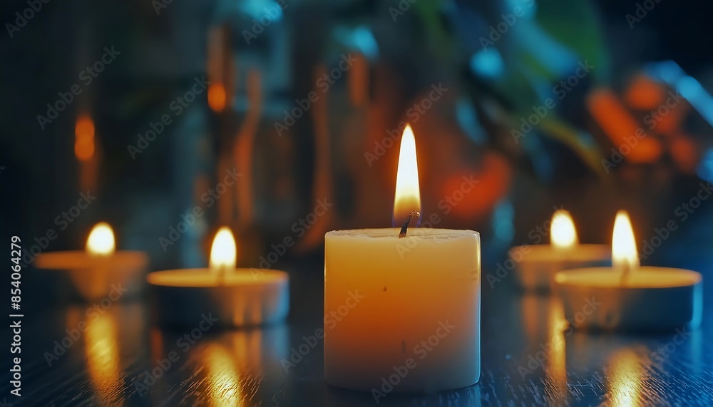 Candles Burning in the Dark with focus on single candle in foreground Candles Burning in the Dark with focus on single candle in foreground