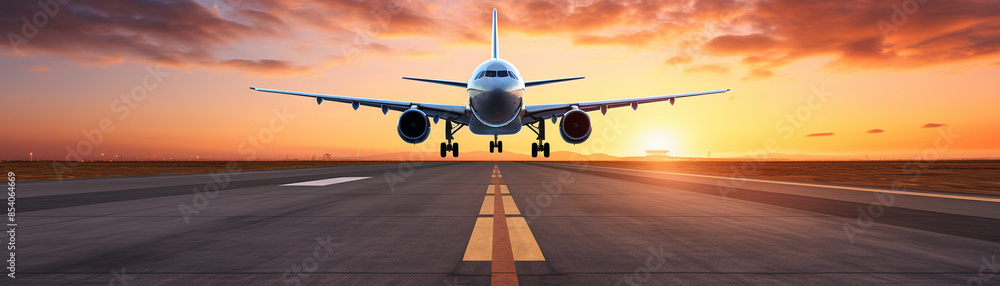 A stunning view of an airplane taking off at sunset, captured head-on with a colorful sky and runway in the foreground.