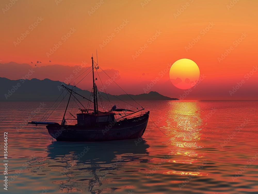 Fototapeta premium Aegean Sea Sunset Silhouette Reflection Water Orange Sky Clouds Calm Horizon.