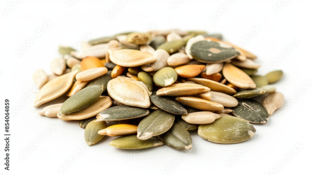 Pumpkin, sunflower, and flax seeds mix isolated on a white background Pumpkin, sunflower, and flax seeds mix isolated on a white background