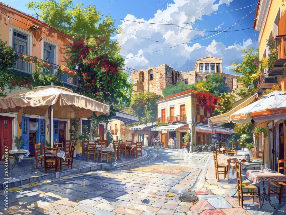 Obraz premium Historic Athens Street SceneClassical Buildings and Busy City Life