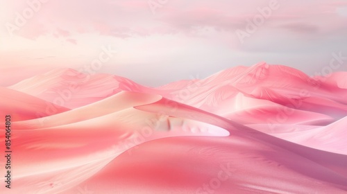 Escapism aesthetic  background.Desert valley with sand dunes and mountains scene. Sunset soft light. Surrealism atmospheric installation of magic pink arch. Loneliness escape feeling. photo