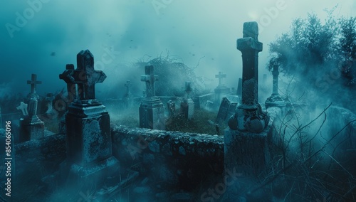 3D illustration of a gloomy night cemetery with stone monuments, a cloudy sky, and a fog. Dramatic theme for Halloween backgrounds. photo