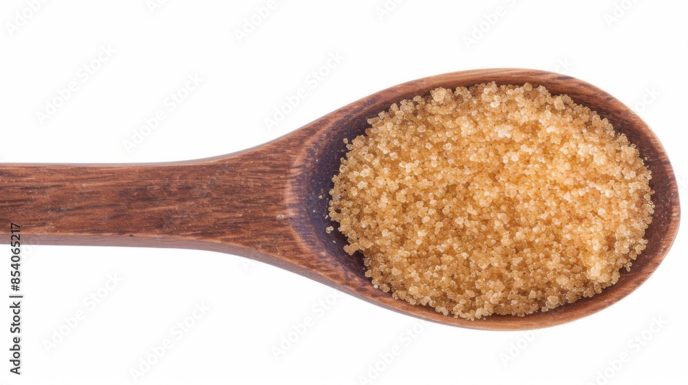 Brown sugar in a wooden spoon on a white background Brown sugar in a wooden spoon on a white background