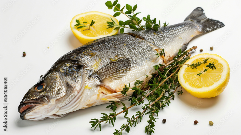 Fresh Sea Bass Preparation with Lemon and Thyme on a Wooden Board Ready for Cooking Fresh Sea Bass Preparation with Lemon and Thyme on a Wooden Board Ready for Cooking