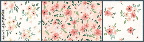 Seamless floral pattern, cute liberty ditsy print, abstract ornament in romantic colors. Pretty botanical design collection: small hand drawn watercolor flowers, leaves, bouquets. Vector illustration.