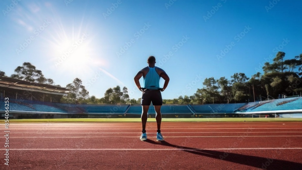 Fototapeta premium An athlete standing on a treadmill, with his back to the camera, facing the sunny stadium. topics related to sports, determination, fitness and competition.