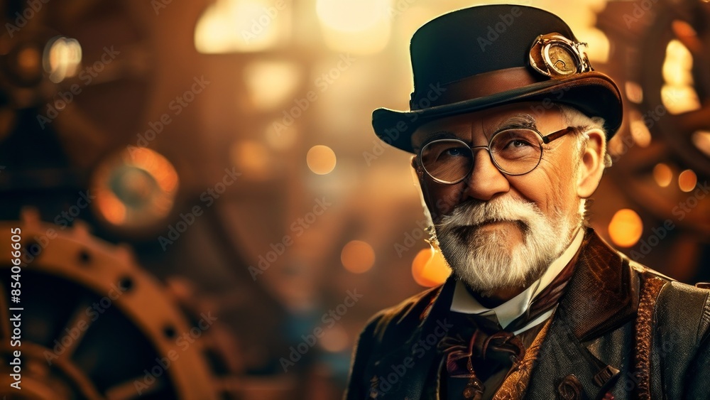 a man in steampunk style. He wears a hat and glasses, and his outfit is decorated with ornaments such as chains, medals and a scarf. Background with mechanical elements a man in steampunk style. He wears a hat and glasses, and his outfit is decorated with ornaments such as chains, medals and a scarf. Background with mechanical elements
