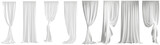 Elegant white sheer curtains bundle, different drapery styles, semi-transparent