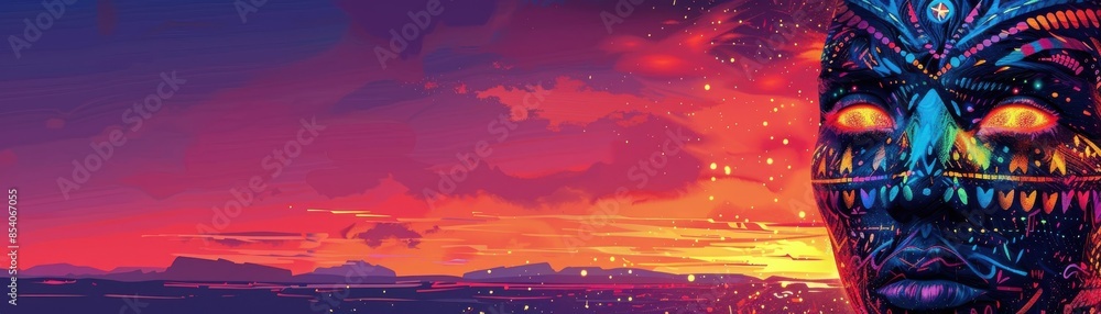 Naklejka premium Vibrant digital artwork of a tribal mask merging with a vivid sunset sky, blending cultural and natural elements in stunning colors.