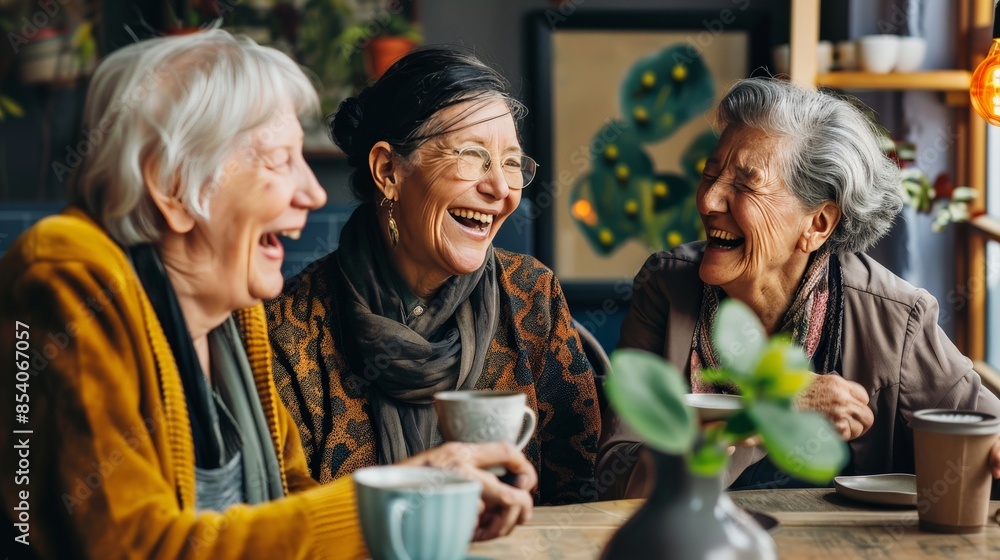 Group of senior women laughing together over coffee in a cozy cafe Group of senior women laughing together over coffee in a cozy cafe