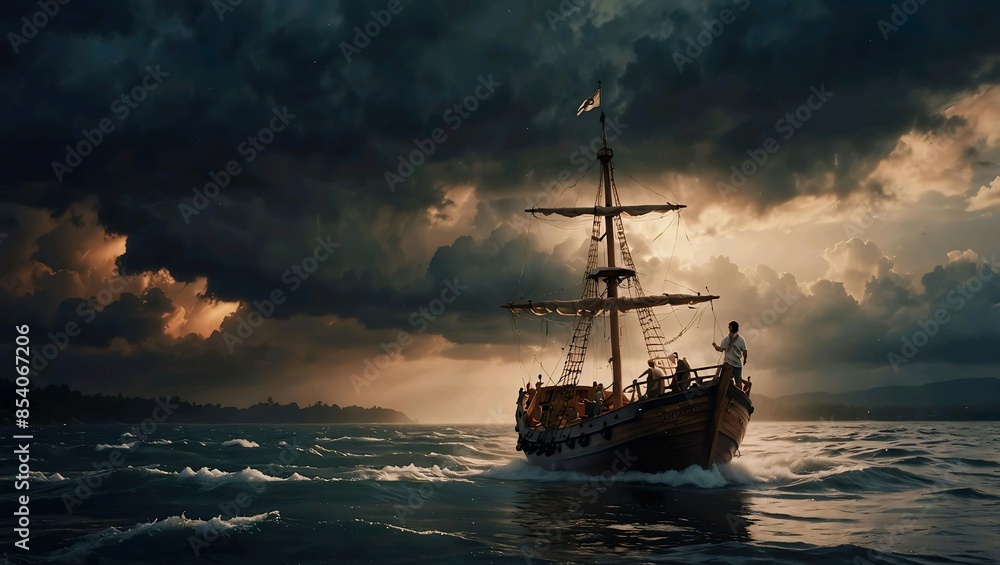 a wooden ship in the sea with cloudy sky and ocean background a wooden ship in the sea with cloudy sky and ocean background