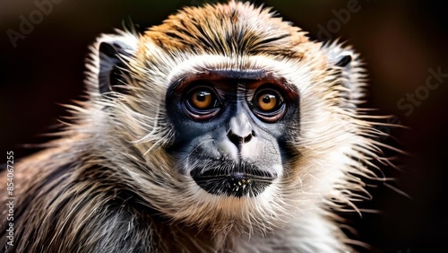 the monkey has white-brown fur, This image could be interesting because of the unique texture and pattern of the fur, but the darkened part limits its potential. photo