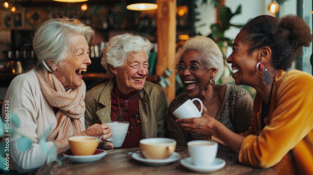 Group of senior women laughing together over coffee in a cozy cafe Group of senior women laughing together over coffee in a cozy cafe