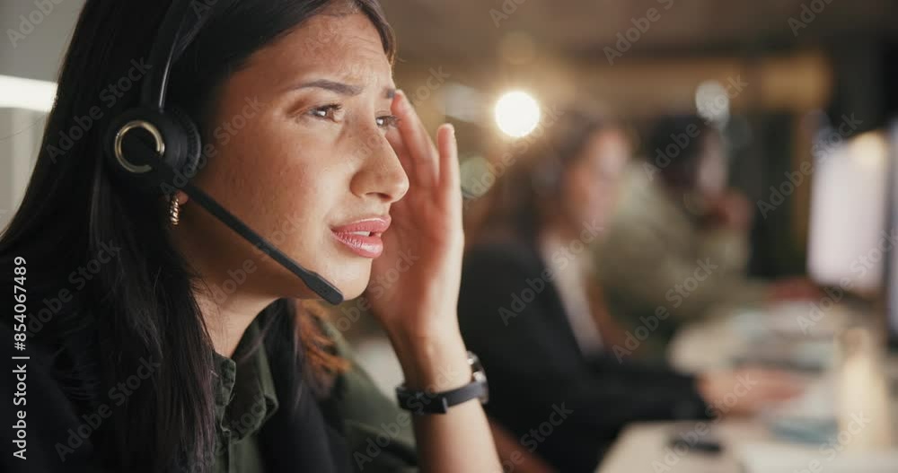 Headset, tired and woman with stress in call center for customer service problem and eye fatigue with brain fog. Lead generation, agent girl and massage temple for headache and 404 glitch or mistake Headset, tired and woman with stress in call center for customer service problem and eye fatigue with brain fog. Lead generation, agent girl and massage temple for headache and 404 glitch or mistake
