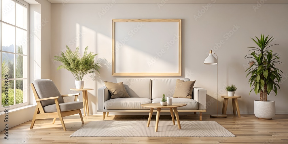 Fototapeta premium A large mockup wall frame for an advertising poster on the wall in a living room in a modern house with high ceilings, view windows and stylish furniture.