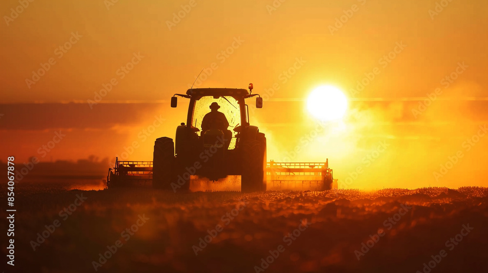 Fototapeta premium Farmer on a tractor plowing a field during a golden sunrise, illustrating early morning agricultural practices and nature's beauty.