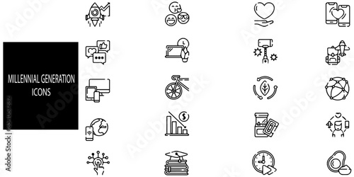 Millennial generation 20 icons set.Mobile, clock, bicycle,plaine,share market,education and more.Vector illustration. 