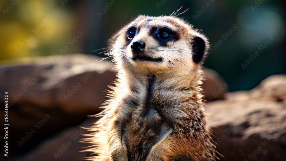 Fototapeta premium a meerkat standing on its hind legs. Its gaze is directed into the distance. The background is blurred, which emphasizes the meerkat's sharp features and the texture of its fur.