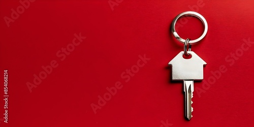 Houseshaped keychain on red background hanging sideways with kitchen design. Concept Home Decor, Keychain Accessories, Red Background, Kitchen Design, Sideways Position photo