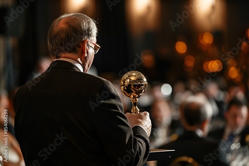 Man holding a golden trophy on stage.