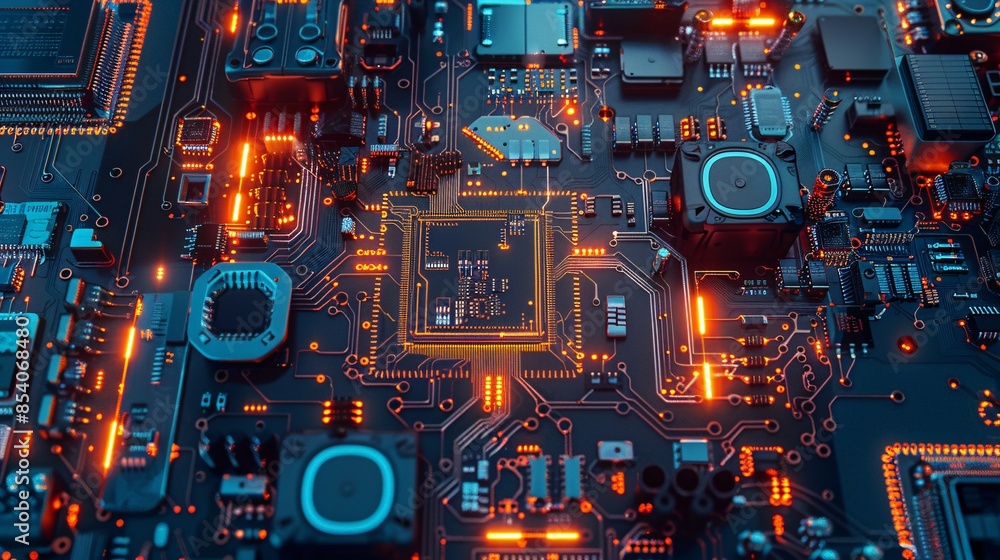Close Up of Circuit Board with Glowing Orange Lights. Close Up of Circuit Board with Glowing Orange Lights.