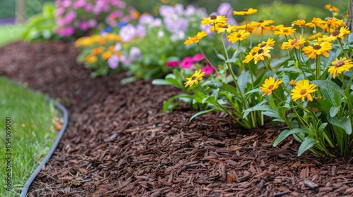 Fototapeta Naklejka Na Ścianę i Meble -  A close-up view of a garden bed with yellow flowers blooming in the foreground, surrounded by brown mulch.