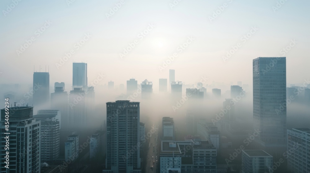 A cityscape covered in smog, showing the effects of pollution on urb A cityscape covered in smog, showing the effects of pollution on urb