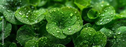  A tight shot of green leaves dotted with water droplets